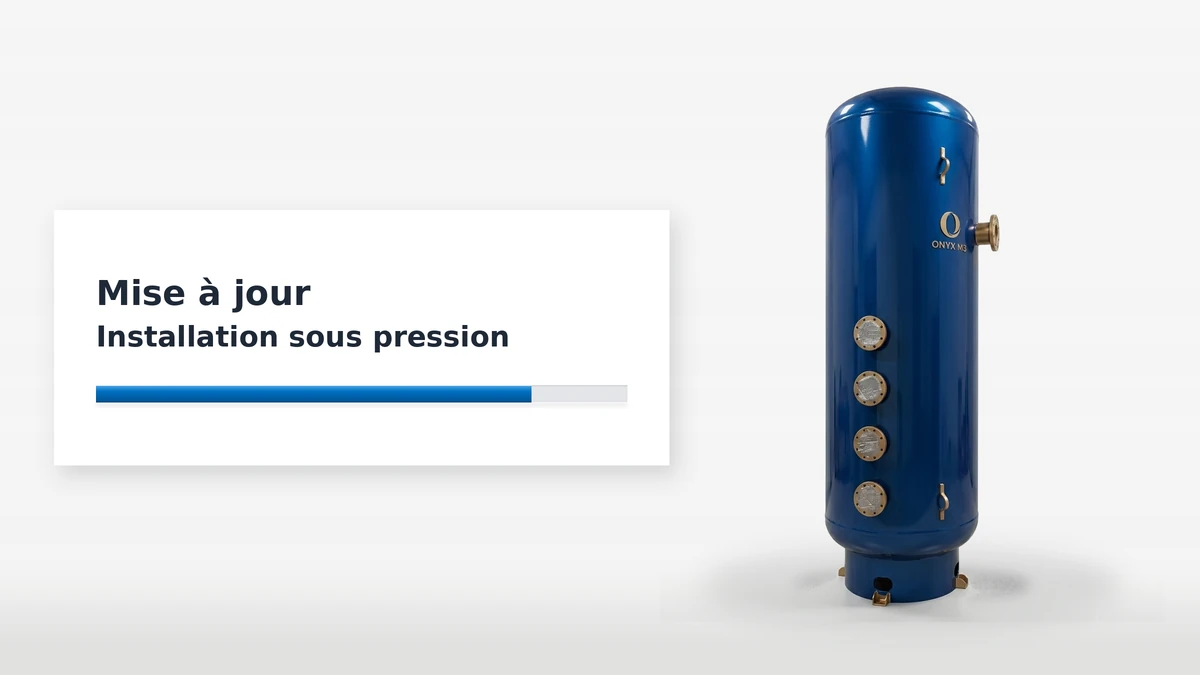 “Mise à jour Installation sous pression” card next to an Onyx M3 air receiver
